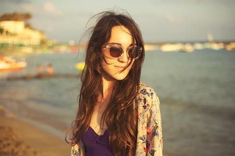 reflective sunglasses and swimsuit kimono look