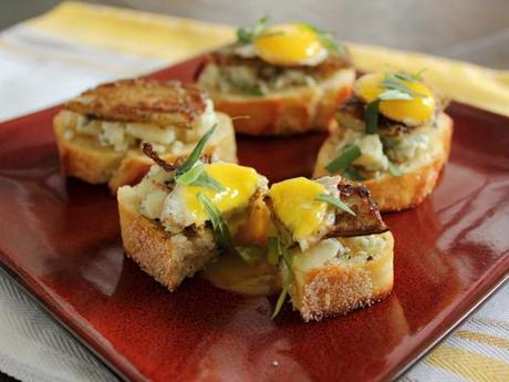 Breakfast Crostini with French Toast Style Broccoli Stalks, Gorgonzola, Maple Syrup, Tarragon and Quail Eggs