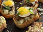 Breakfast Crostini with French Toast Style Broccoli Stalks, Gorgonzola, Maple Syrup, Tarragon Quail Eggs