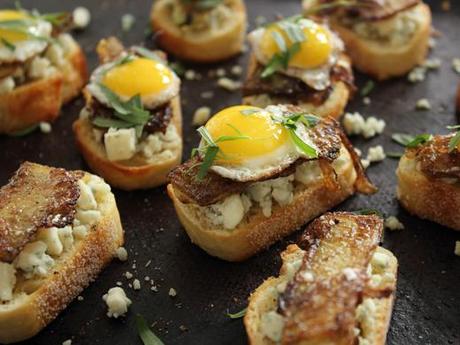 Breakfast Crostini with French Toast Style Broccoli Stalks, Gorgonzola, Maple Syrup, Tarragon and Quail Eggs