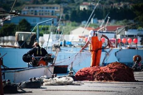 A sailor prepares to head out to sea with five 2.5-kilometer nets in ant'Agata di Militello, Sicily; 2.5 kilometers is the legal limit, but Mediterranean fishermen often join multiple nets of this size together to get around the law. Photo by Chris Grodotzki