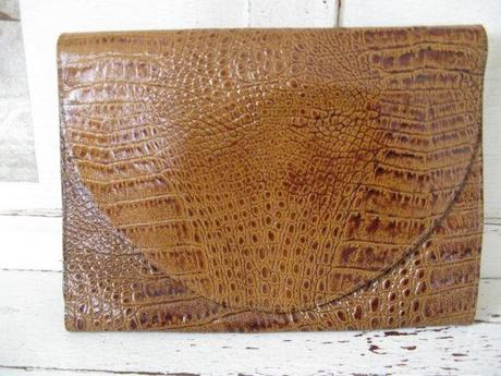 Amelia Berko Cognac Caramel Alligator Embossed Leather Envelope Clutch with Detachable Strap