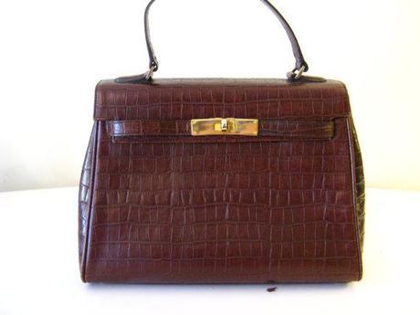CASA LOPEZ Alligator Embossed Brown Kelly Style Handbag Leather