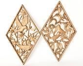 Pair of Diamond Shaped  Birds and Flowers Gold Plastic Wall Plaques - TwoStoryVintage