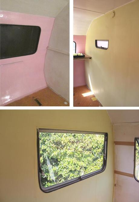 cassiefairys vintage caravan project interior painting pink and yellow
