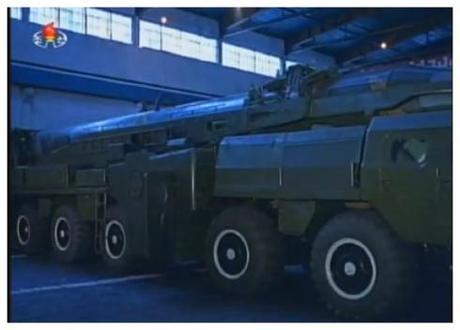 Transporter-erector-launcher (TEL) carrying a version of the Nodong medium-range ballistic missile (Photo: KCTV screengrab).