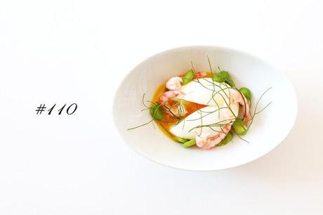 Soft boiled egg with broad beans & shrimps #110