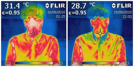 Infrared images of the head of a thermal test mannequin change from red to yellows and greens as the Personal Comfort System switches into cooling mode. (Credit: Center for the Built Environment.)