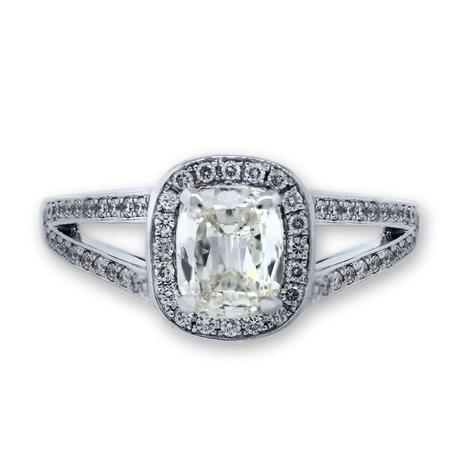 Split shank cushion cut engagement ring with halo