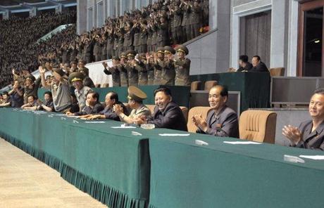 Kim Jong Un (3rd R) and members of the DPRK central leadership watch the men's premier soccer finals at Kim Il Sung Stadium in Pyongyang on 28 August 2013 (Photo: Rodong Sinmun).