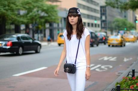 all white look with black accessories