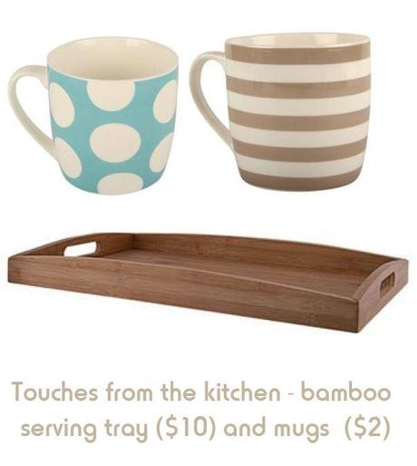 Mugs and Bamboo Tray, Kmart.