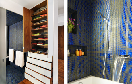 Transformer-Apartment-Studio-Garneau-wood-floors-white-walls-bathroom-cobalt-blue-mosaic-tiles-drawers