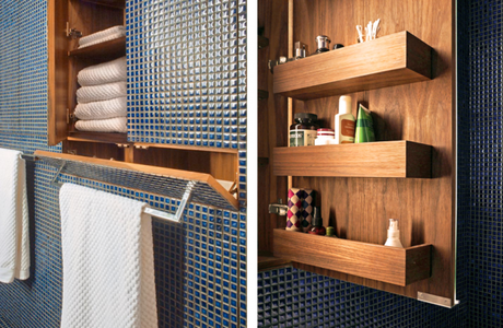 Transformer-Apartment-Studio-Garneau-bathroom-cobalt-blue-mosaic-tiles-storage