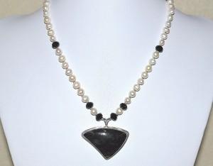 Photo of a sterling silver obsidian and pearl necklace