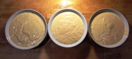 splitting cake batter into 3 bundt cake recipe bowls