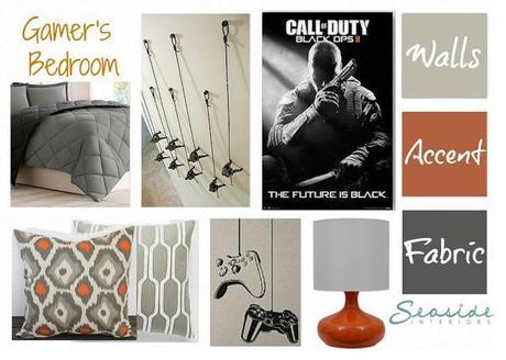 Boys Gamer Themed Bedroom in Shades of Gray and Orange