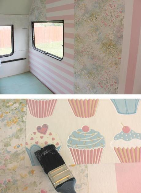 My little vintage caravan project ~ Patchwork vintage caravan renovation project patchwork feature wall wallpaper cassiefairy