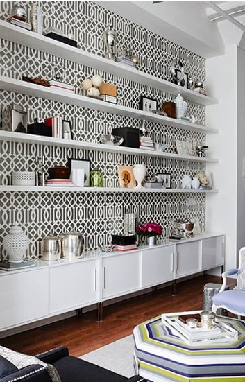 wallpapered shelves