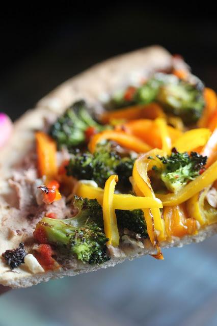 Vegan Bean, Pepper, and Broccoli Pizza with Daiya and Sriracha
