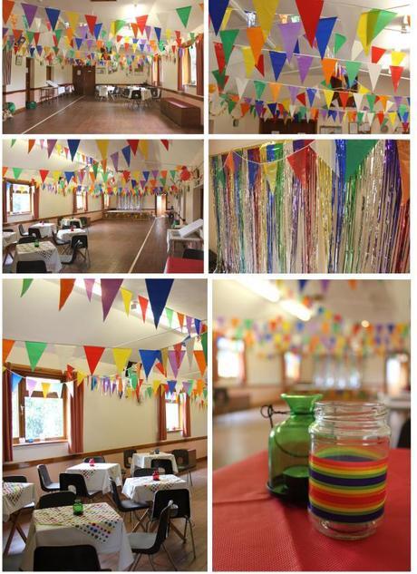 casssiefairys anniversary party rainbow venue decor bunting decoration