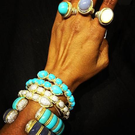 Cassis Jewels stacked turquoise bracelets and rings