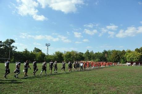 This Moscow soccer field has a regulation goal post for American football.