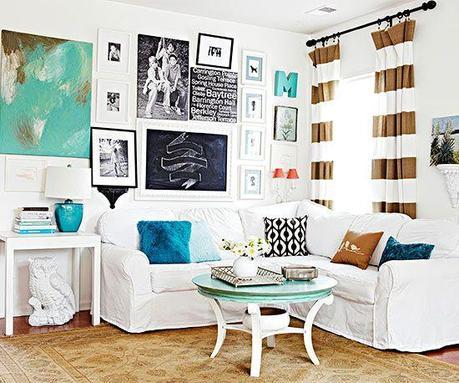 A Fresh Space Thrifty DIY updates and personal touches give this rental home a refresh that looks anything but temporary. Instead of buying new furniture, clean, white slipcovers give the old couch a new look. Family art covers the walls, an easy idea for giving both color and personality to a white backdrop.