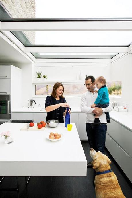 family dining in modern kitchen 