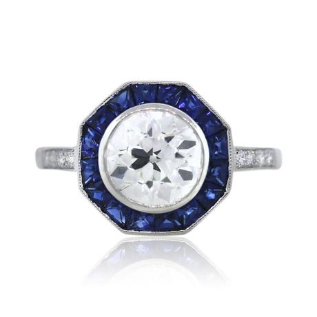 Platinum Octagonal Art Deco Diamond and Sapphire Engagement Ring