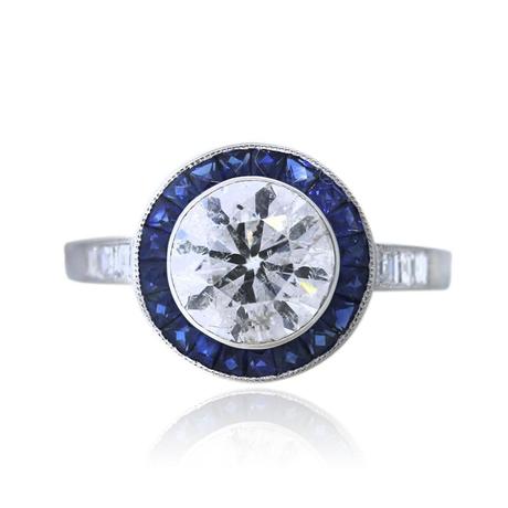 Platinum 2 Carat Round Diamond and Sapphire Engagement Ring