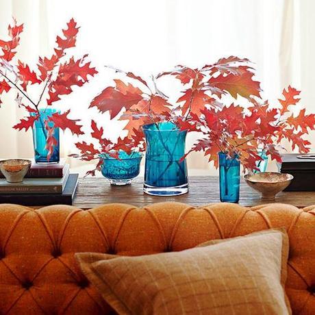 Decorating Home During Fall with Leaves and Bluse Vases