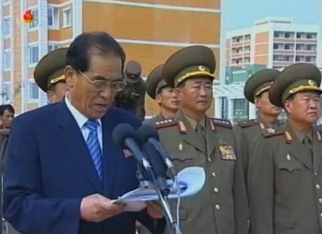 DPRK Premier Pak Pong Ju delivers a speech at a ceremony opening the U'nha Scientists' Street residential area in Pyongyang on 11 September 2013.  Also seen in attendance are Minister of the People's Armed Forces Gen. Jang Jong Nam (2nd R) and Director of the KPA General Political Department VMar Choe Ryong Hae (R) (Photo: KCTV screengrab).