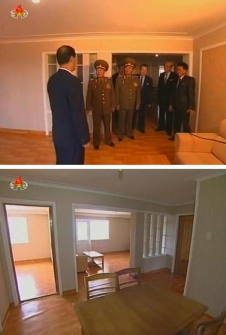 Pak Pong Ju, VMar Choe Ryong Hae, Gen. Jang Jong Nam, Pak To Chun and Kim Ki Nam tour an apartment in the U'nha Scientists' Street in Pyongyang (Photos: KCTV screengrabs).