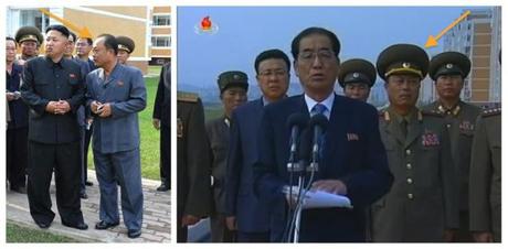 Choe Chun Sik (annotated), President of the Second Academy of Natural Sciences, visits the scientists street with Kim Jong Un (L) and attends the opening ceremony (Photos: Rodong Sinmun, KCTV screengrab).