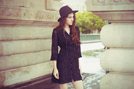 little black dress look with fedora hat zara printed dress