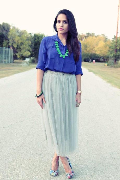 Indigo Blue, Net skirt, Oasap, Crazy & Co. Necklace, Rockdog Pumps, Date Night, Tanvii.com