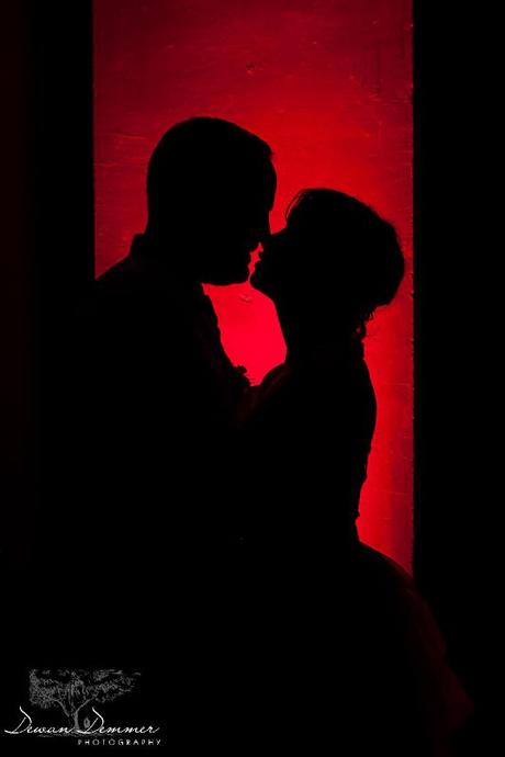 Silhouette of bride and groom against red background