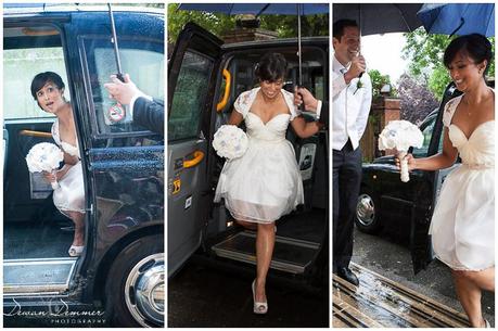Bride arrives by london taxi cab at BlackHeat Halls