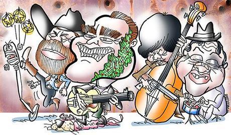 Calling All Caricature Lovers: Another Edition Of “Name That Idiot Celeb” tough guy tribute band; caricatures of Chuck Norris karate champ and Texas Ranger; Arnold Schwarzenegger famous for The Terminator; Charles Bronson Death Wish actor; Rocky boxer movie star Sylvester Stallone