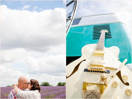 Photographs of UK rocker couple engagement shoot in lavender field with a white electric guitar 