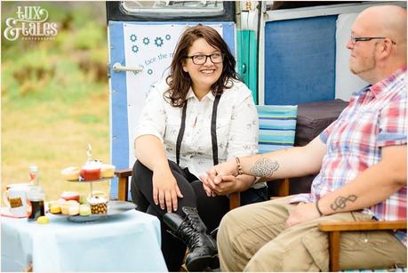 Rocker couple has alternative engagement shoot with VW bus and a lavender field 