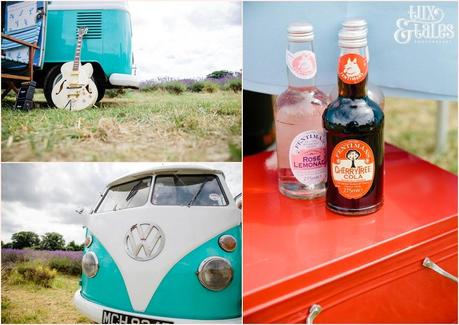 Turquoise VW comper van and vintage soda bottles 