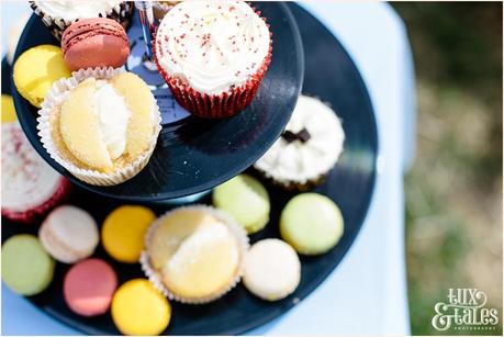 Cakes sitting on top of a cake stand made from records 