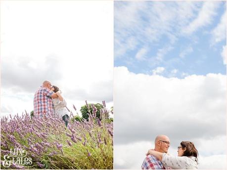 Two photographs of UK lavender field engagement shoot with alternative rocker couple 