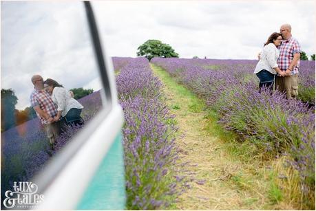 Reflection pose for engagement shoot in UK lavender field