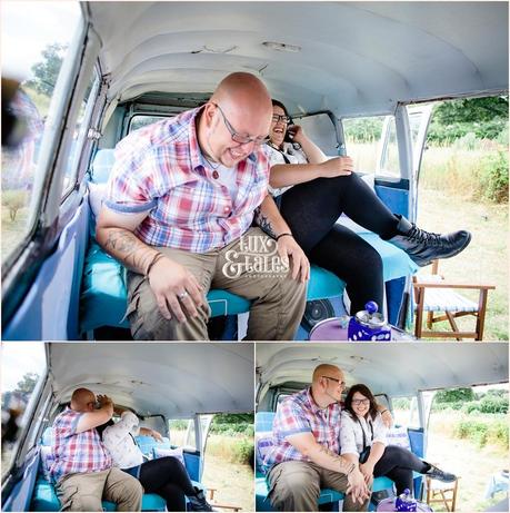 Couple istting inside of camper van break up laughing in a seires of photographs 