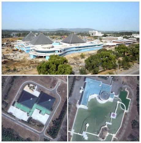 The Munsu Swimming Complex under construction in Pyongyang (top) is modeled on the swimming and entertainment facilities at the Kim family's residential compound in Ryongso'ng District in Pyongyang (Photos: Rodong Sinmun and DigitalGlobe).