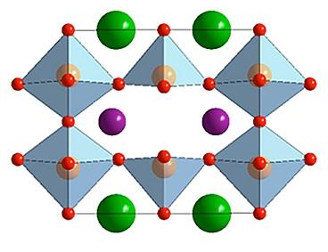 A diagram of the molecular structure of double perovskite shows how atoms of barium (green) and a lanthanide (purple) are arranged within a crystalline structure of cobalt (pink) and oxygen (red). (Credit: See citation at the end of this article)
