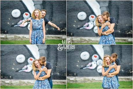 Fun engagement shoot pose of groom surprising bride in sheffiled Yorkshire UK 